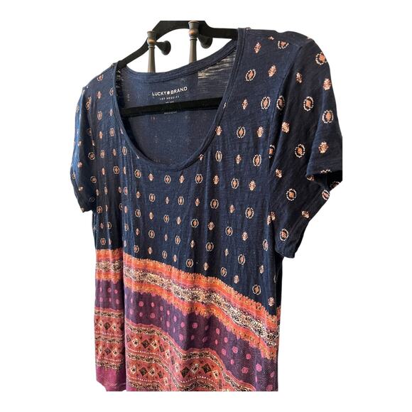 Lucky Brand Boho Print Scoop Neck Short Sleeve Top Size Medium - Picture 1 of 8